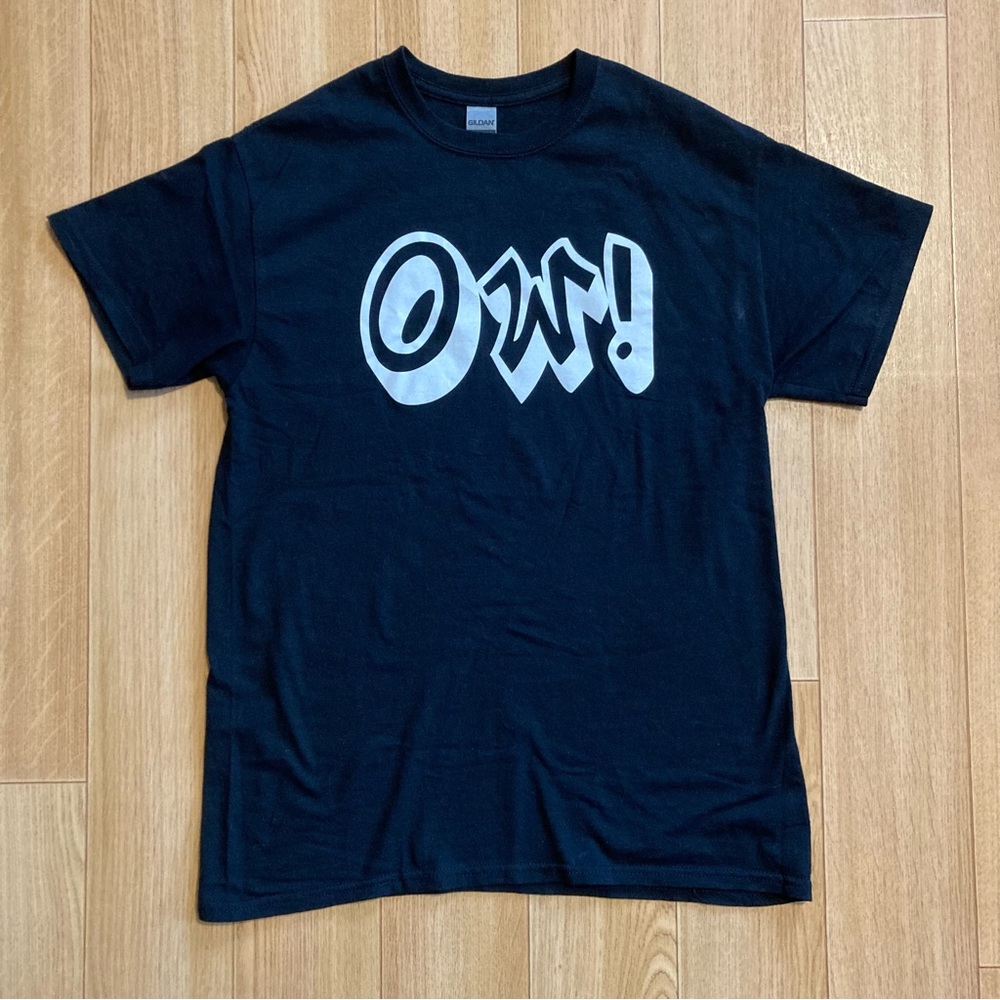 Black “Ow!” Tee, medium unisex, injury prone, chronic pain shirt